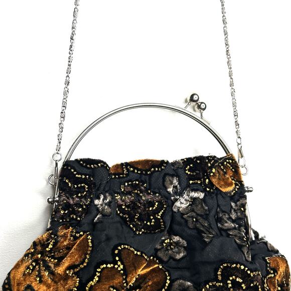 Brown, Black, Copper Floral Velvet Purse with Glitter Details and Satin Lining - Picture 2 of 9
